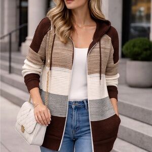 Striped Hooded Zip-Up Cardigan Sweater - Brown/Beige/Gray
